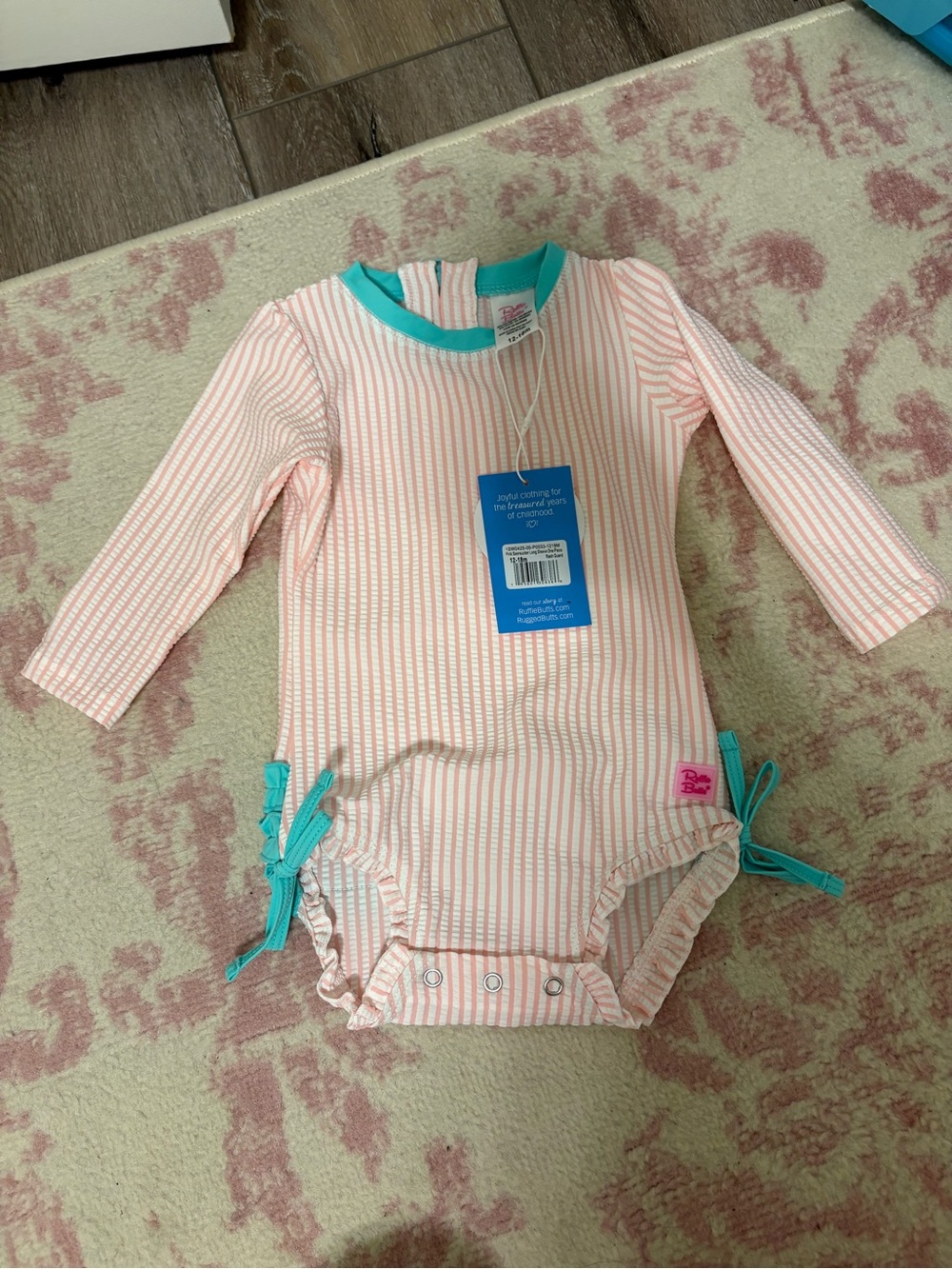 Ruffle Butts Striped Pink & Teal Long Sleeve Baby One-Piece